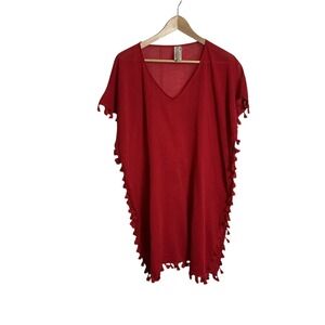 SEAFOLLY Women's Small Red Tassel Cotton Kaftan Cover Up Beach Vacation Relaxed